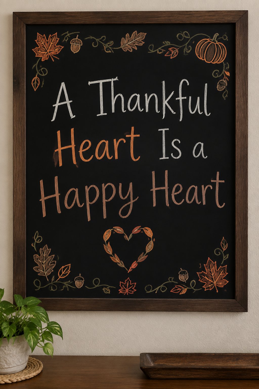 A Thankful Heart: a framed chalkboard sign showing "A Thankful Heart Is a Happy Heart", hand-drawn in fall chalk colors, with a heart shape made from a few small connected leaves.