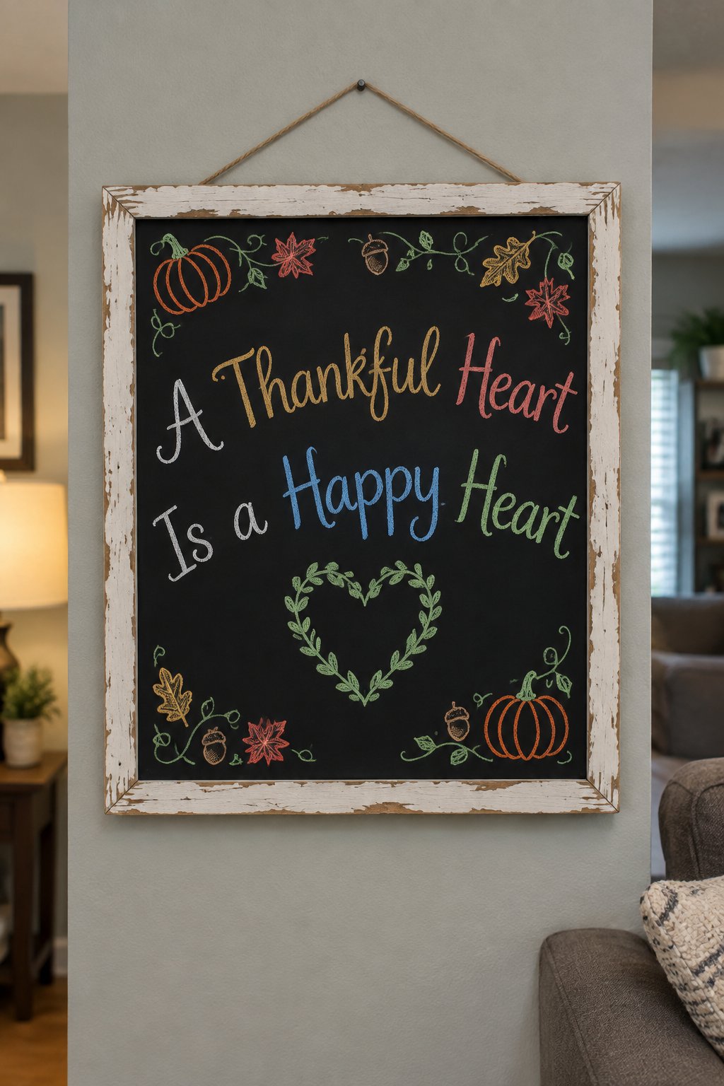 A Thankful Heart: a framed Thanksgiving chalkboard sign reading "A Thankful Heart Is a Happy Heart", hand-drawn in chalk with a heart shape made of little leaves.