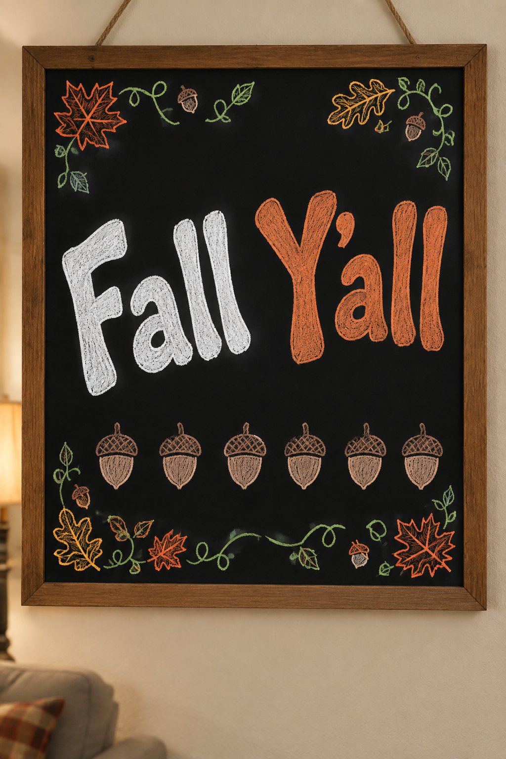 Acorn Row: a framed Thanksgiving chalkboard sign reading "Fall Y'all", hand-drawn in chalk with a neat row of acorns along the bottom.