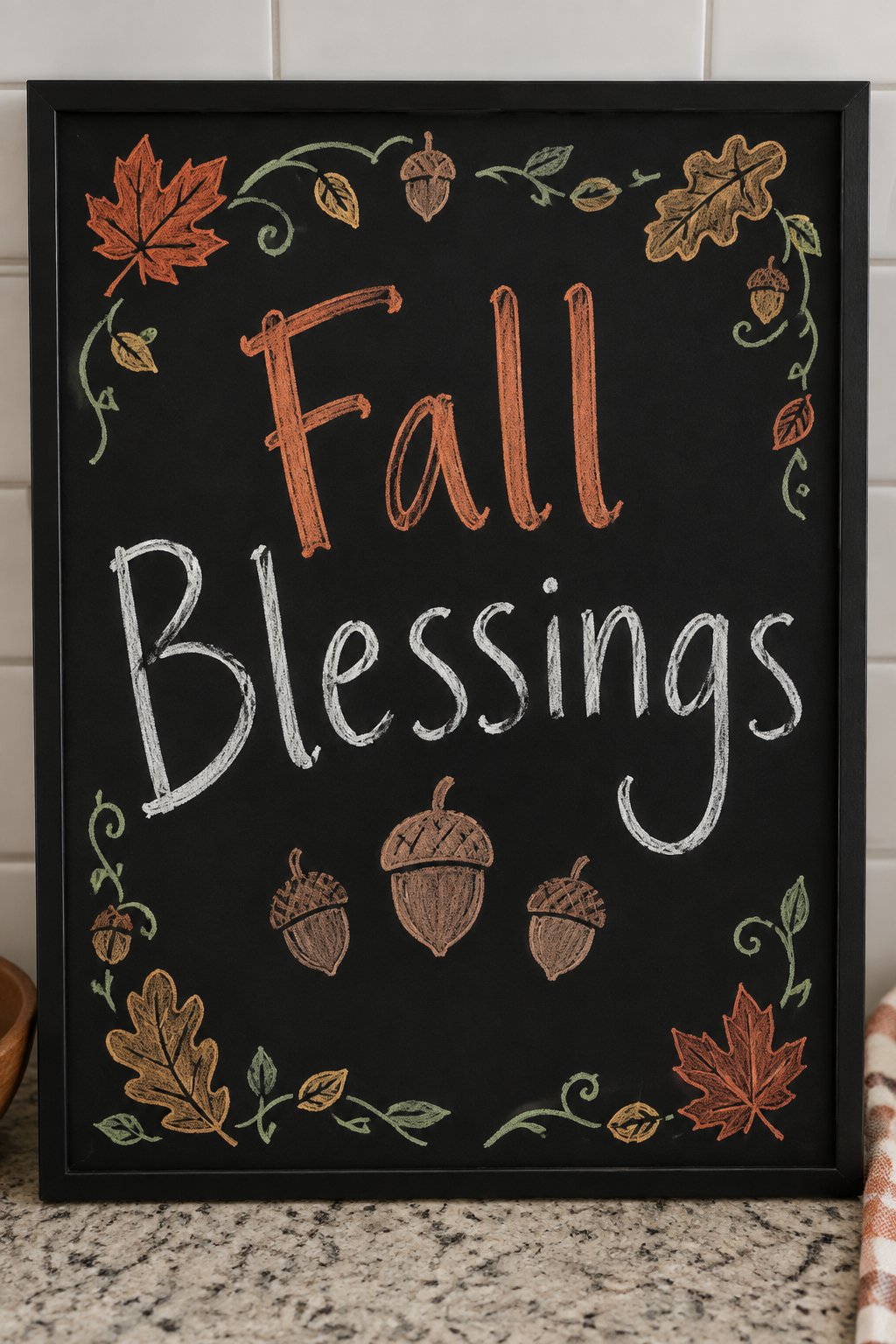 Acorn Trio: a framed chalkboard sign showing "Fall Blessings", hand-drawn in fall chalk colors, with three acorns of different sizes in a row beneath the words.