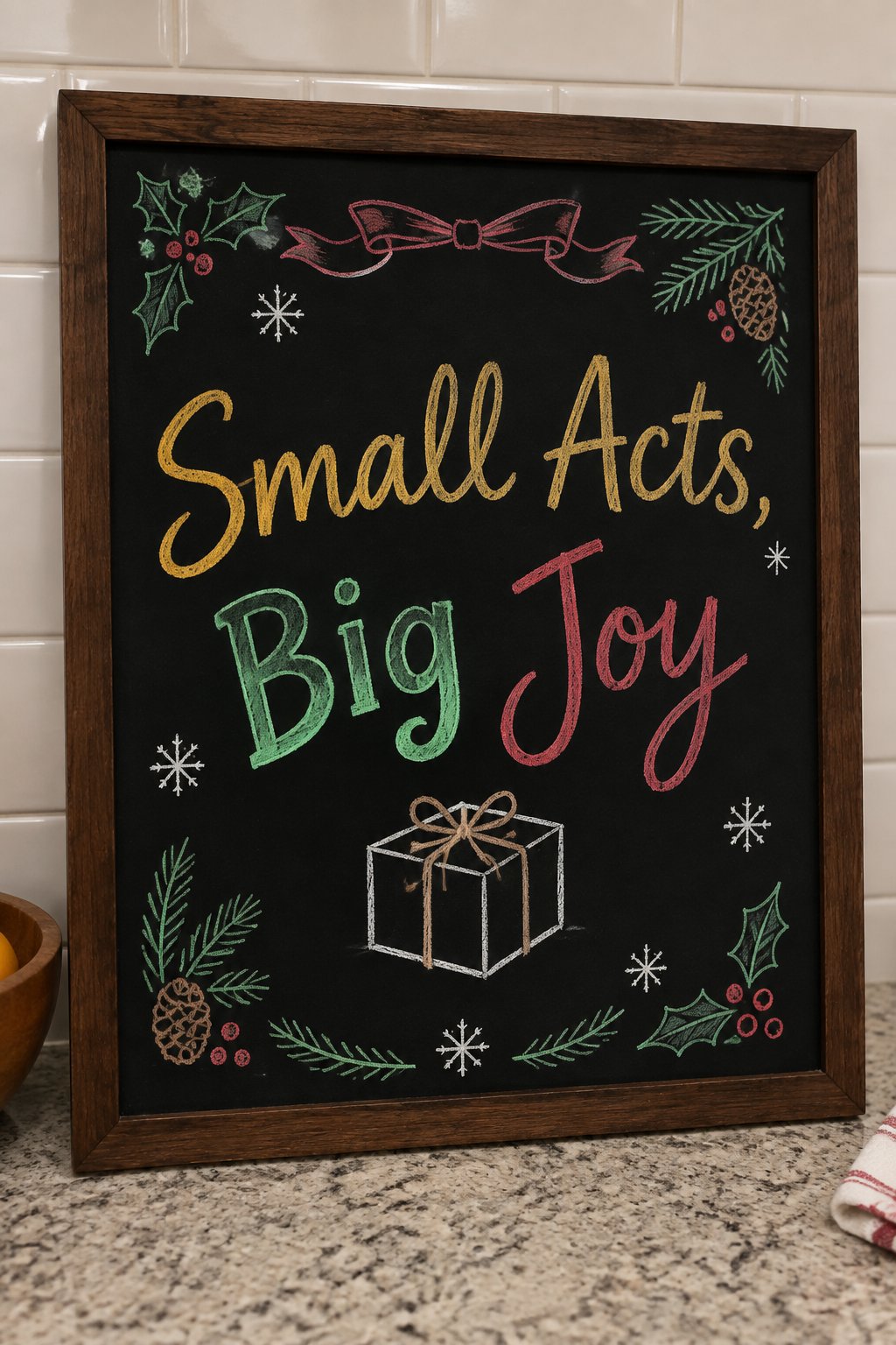 Acts of Service Sign: a framed December chalkboard sign reading "Small Acts, Big Joy", hand-drawn in chalk with a small wrapped box tied with a plain twine bow.