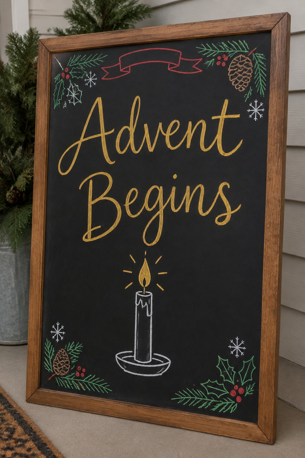 Advent Begins: a framed December chalkboard sign reading "Advent Begins", hand-drawn in chalk with one lit candle standing in a simple round holder.