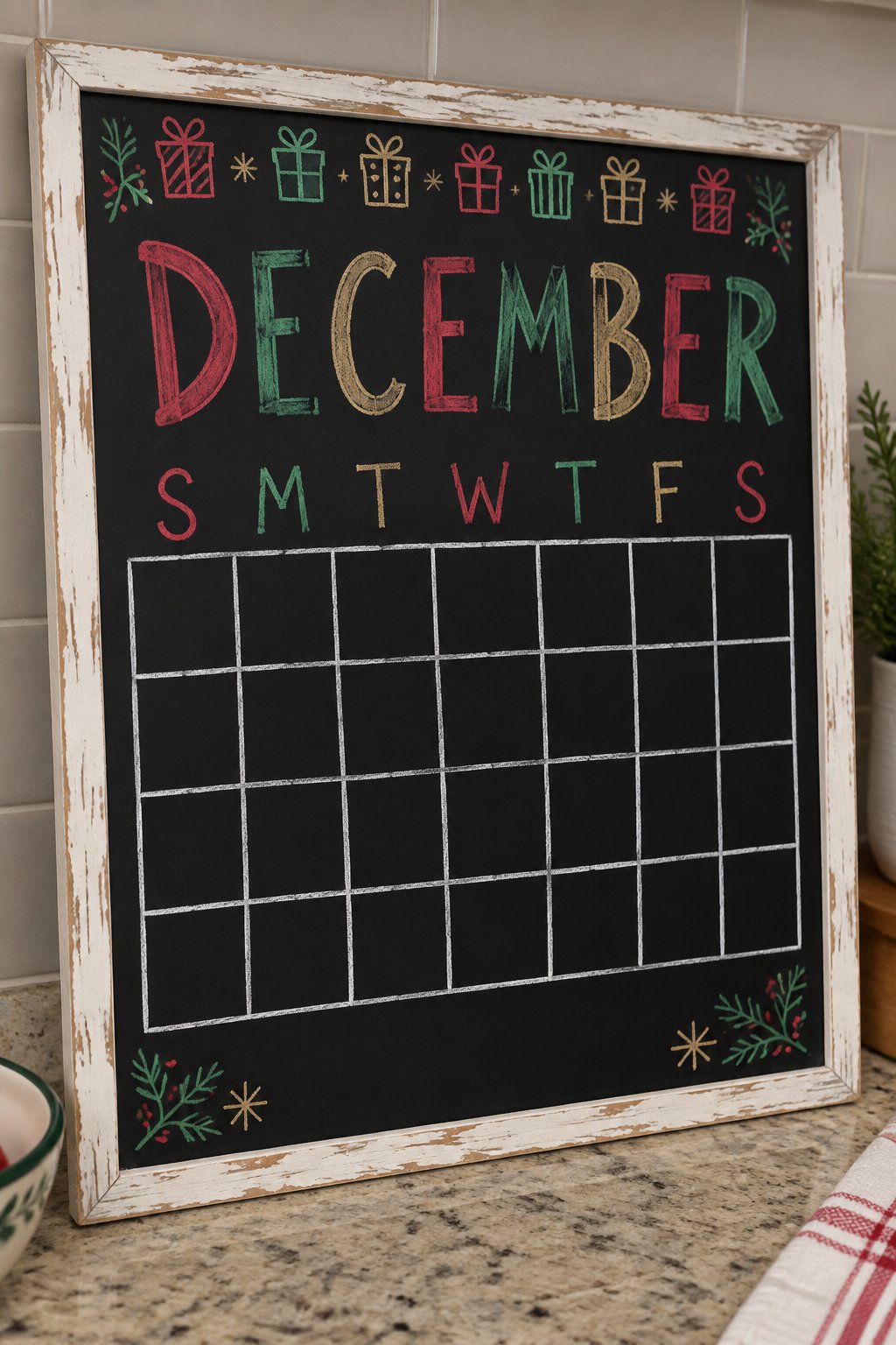 Advent-Bordered Month Grid: a framed chalkboard sign showing "DECEMBER", hand-drawn in white, deep red, sage green and gold chalk, with a row of tiny wrapped gift doodles bordering the top edge.