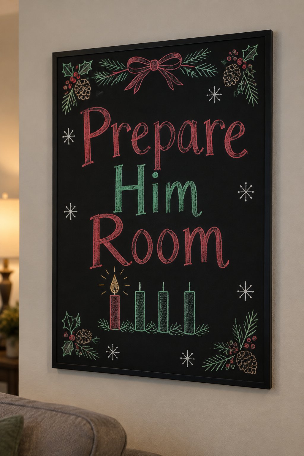 Advent Candle Board: a framed chalkboard sign showing "Prepare Him Room", hand-drawn in white, deep red, sage green and gold chalk, with a single lit candle drawn beside the words, one of four in a ro