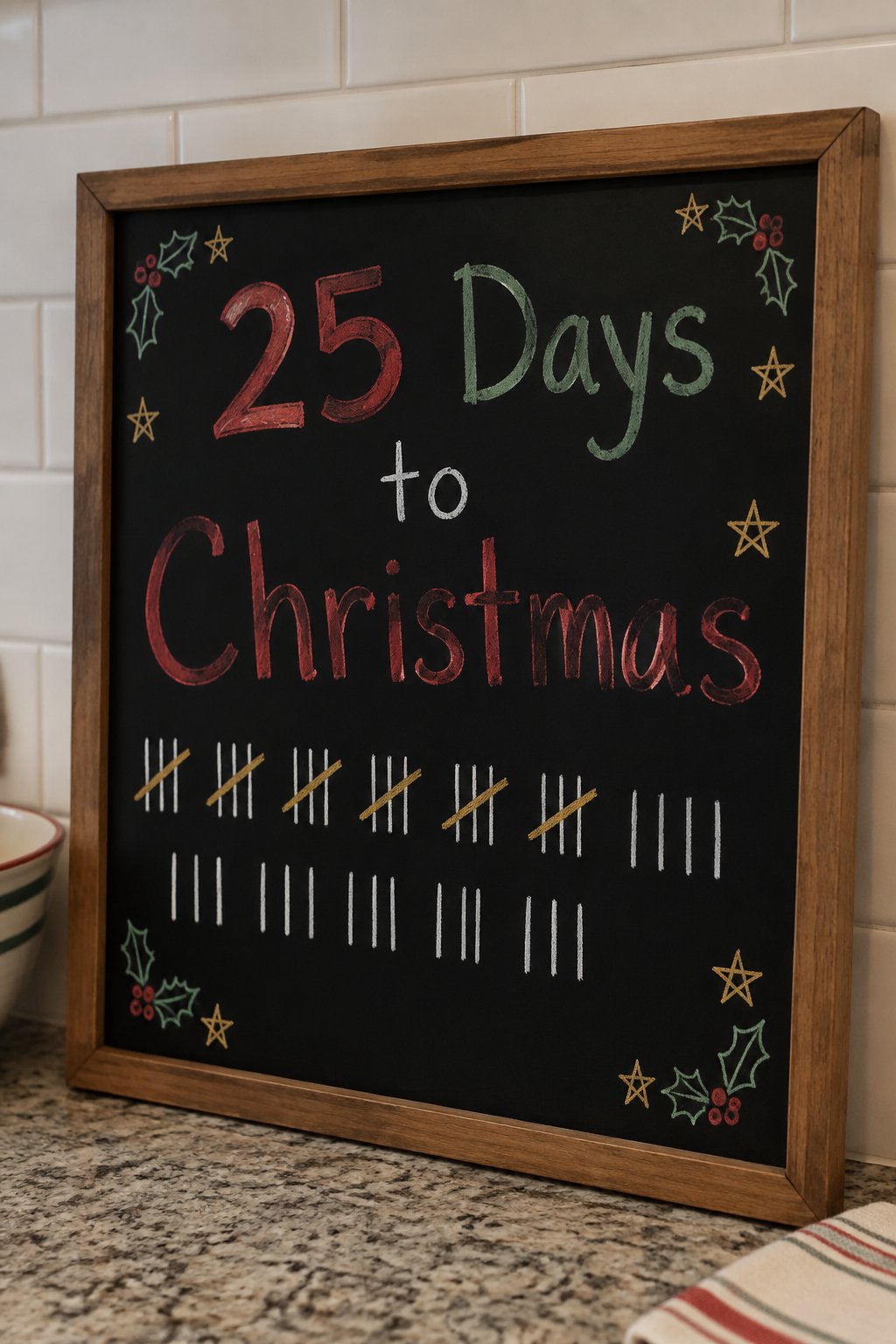 Advent Countdown Tally: a framed chalkboard sign showing "25 Days to Christmas", hand-drawn in white, deep red, sage green and gold chalk, with a row of chalk tally marks below counting down the days,