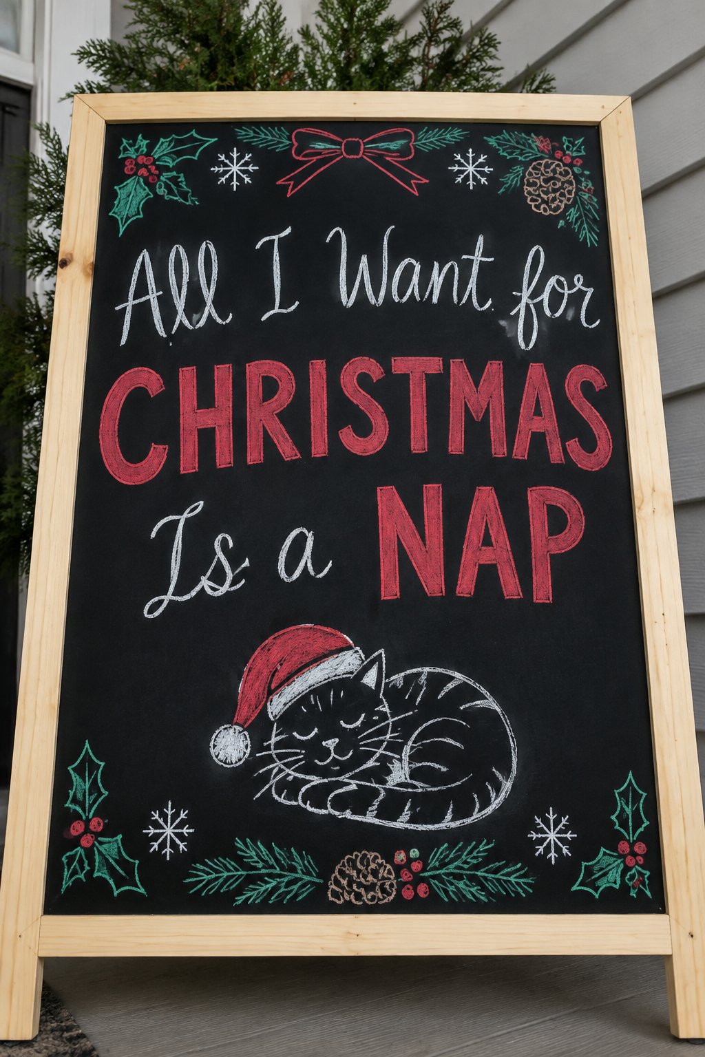 All I Want Is a Nap: a framed Christmas chalkboard sign reading "All I Want for Christmas Is a Nap", hand-drawn in chalk with a sleeping cat curled in a Santa hat.