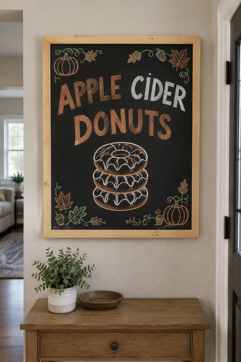 Apple Cider Donut Sign: a framed fall chalkboard sign reading "Apple Cider Donuts", hand-drawn in chalk with a stack of three ring donuts drizzled with icing.