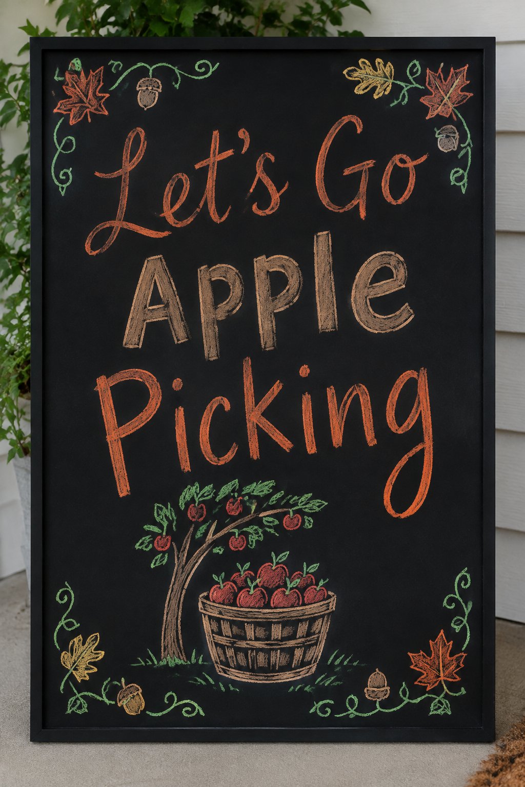 Apple Picking Sign: a framed fall chalkboard sign reading "Let's Go Apple Picking", hand-drawn in chalk with a basket overflowing with apples under a small tree.