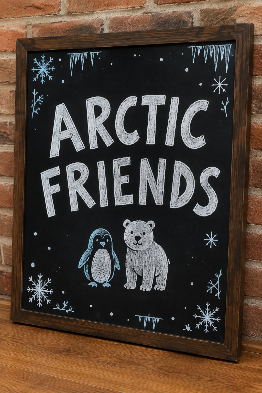 Arctic Friends Sign: a framed winter chalkboard sign reading "Arctic Friends", hand-drawn in chalk with one small penguin and one small polar bear standing side by side.