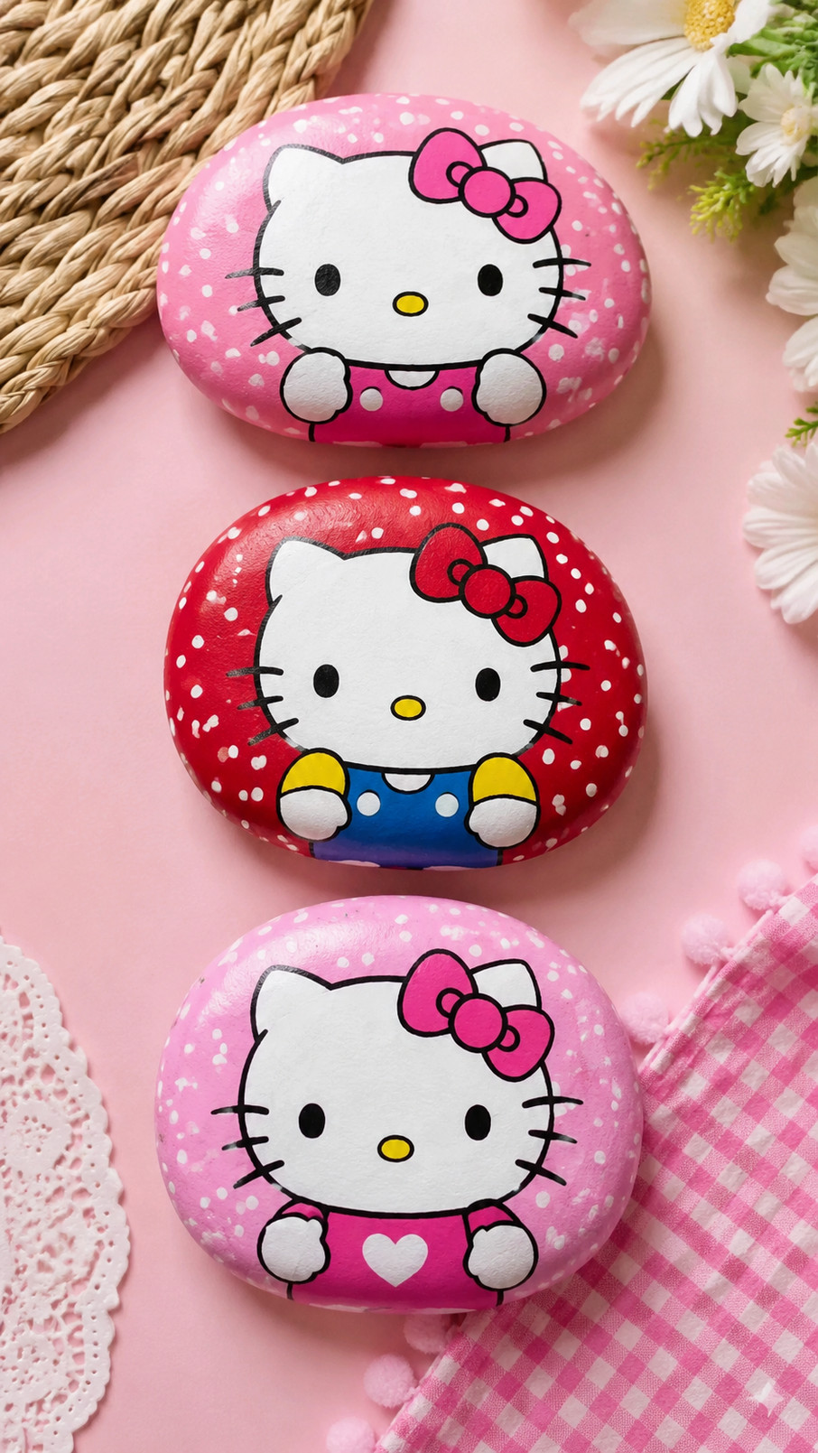 A painted rock featuring Hello Kitty in an astronaut helmet, surrounded by stars and colorful planets against a dark blue galaxy background.