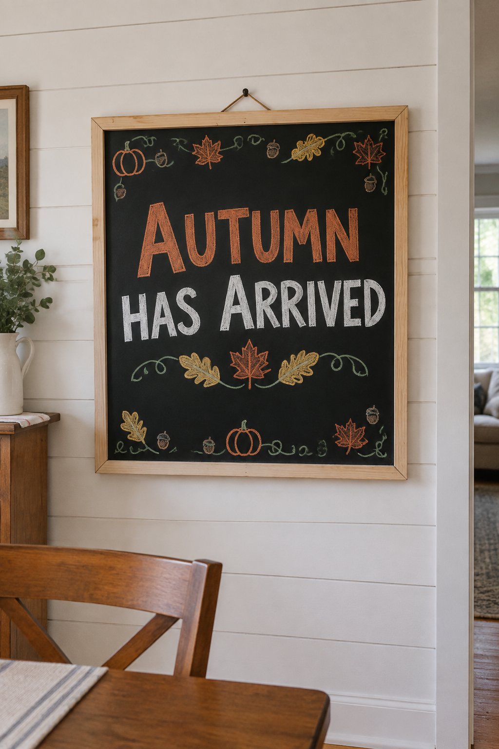 Autumn Has Arrived Sign: a framed fall chalkboard sign reading "Autumn Has Arrived", hand-drawn in chalk with one curling vine with three leaves.