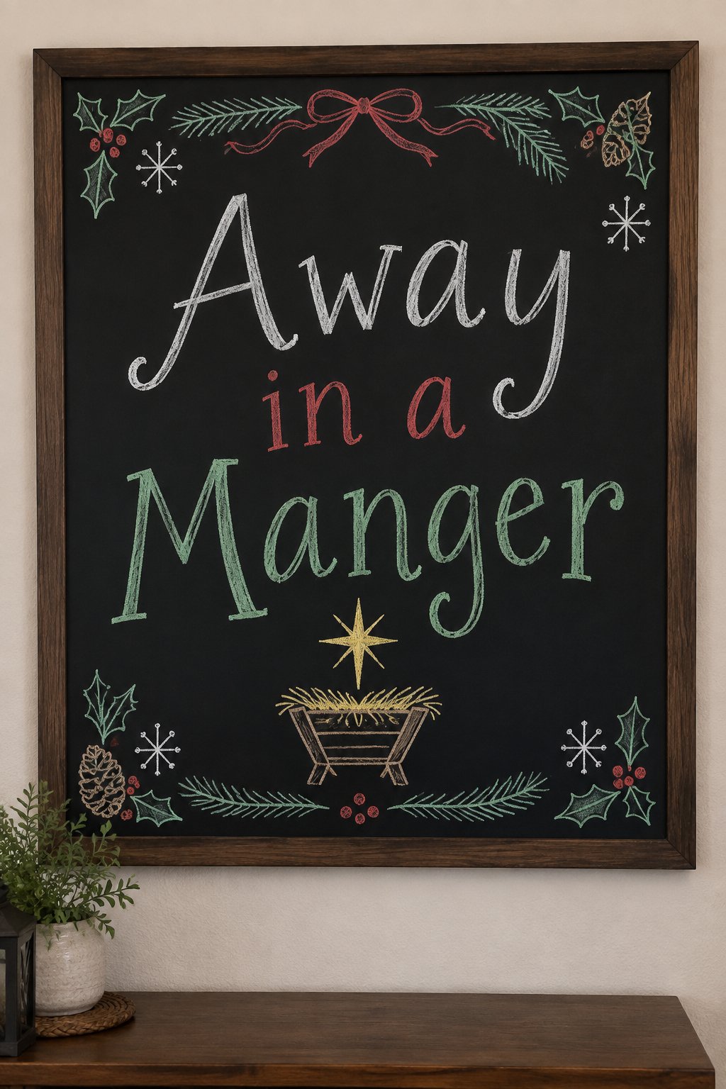 Away in a Manger: a framed chalkboard sign showing "Away in a Manger", hand-drawn in white, deep red, sage green and gold chalk, with a small manger with a single star above it drawn beneath the words