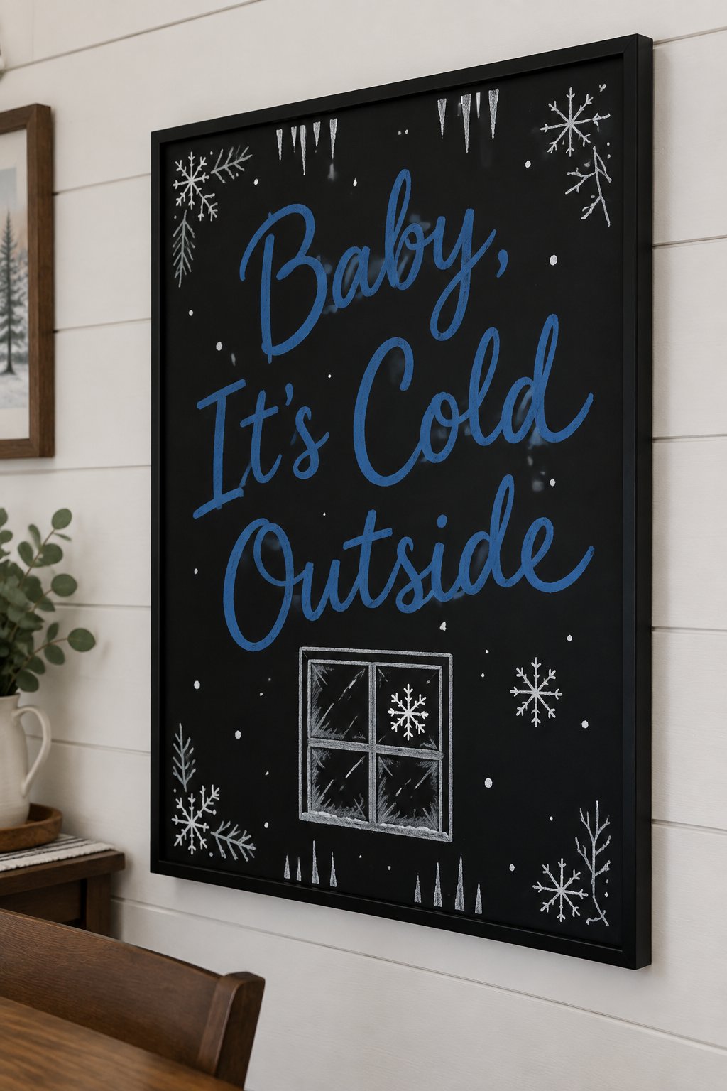 Baby Its Cold Outside Sign: a framed winter chalkboard sign reading "Baby, It's Cold Outside", hand-drawn in chalk with a single snowflake drifting past a simple frosted windowpane.