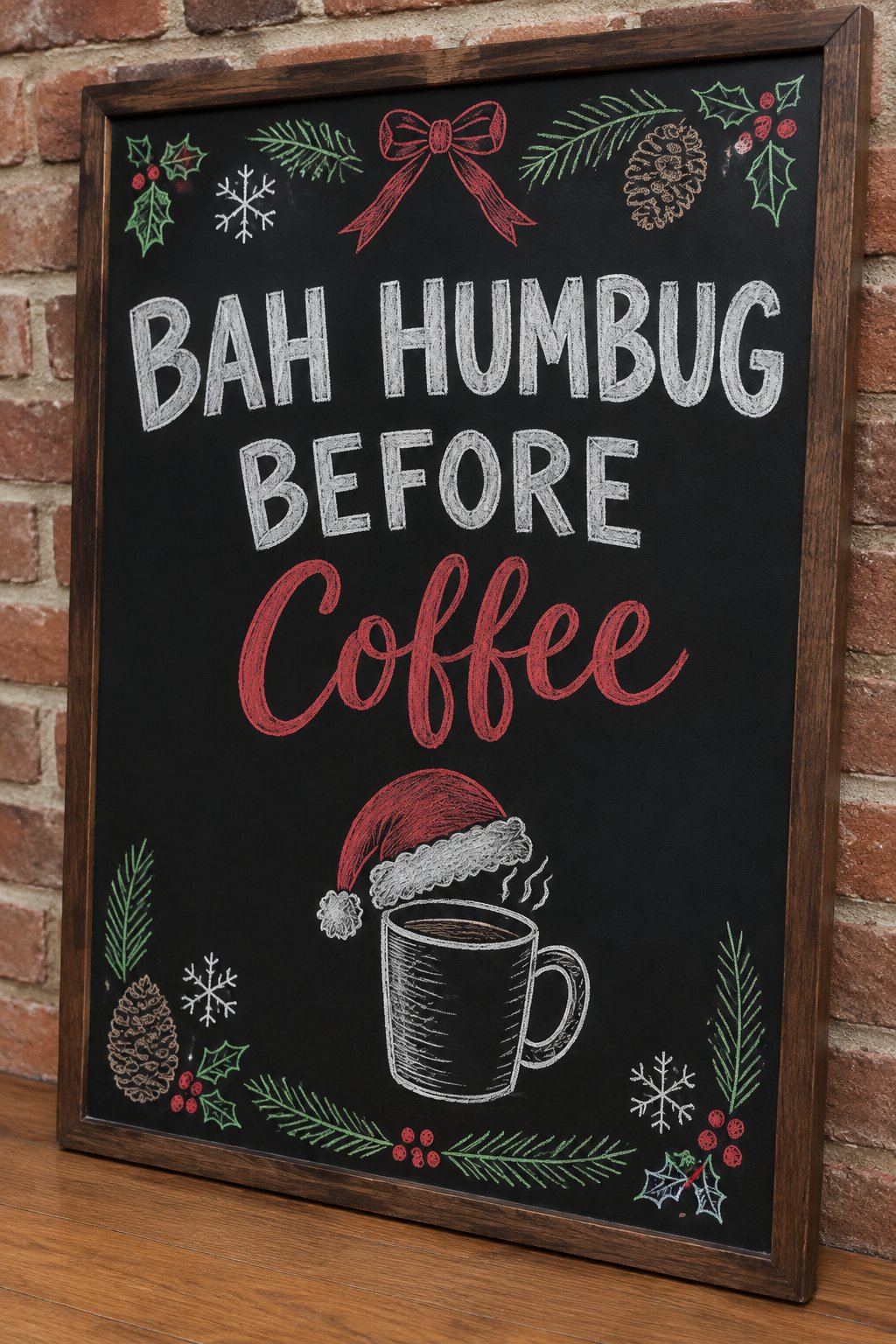 Bah Humbug Before Coffee: a framed Christmas chalkboard sign reading "Bah Humbug Before Coffee", hand-drawn in chalk with a coffee mug wearing a Santa hat.