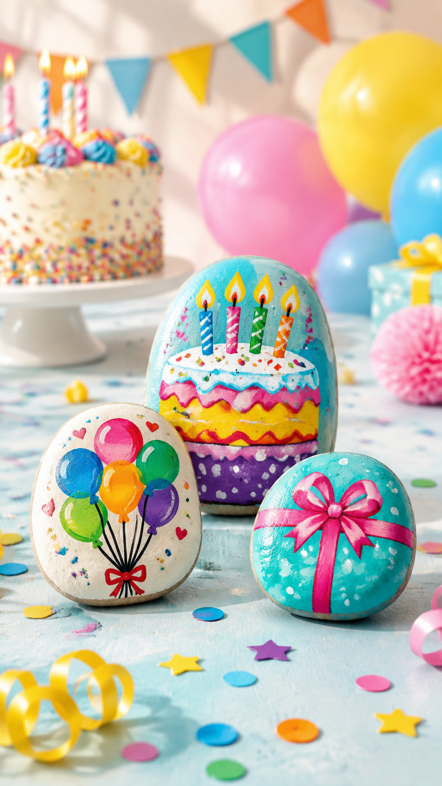 A colorful birthday painted rock featuring bright balloons, curling strings, and a cheerful birthday message.