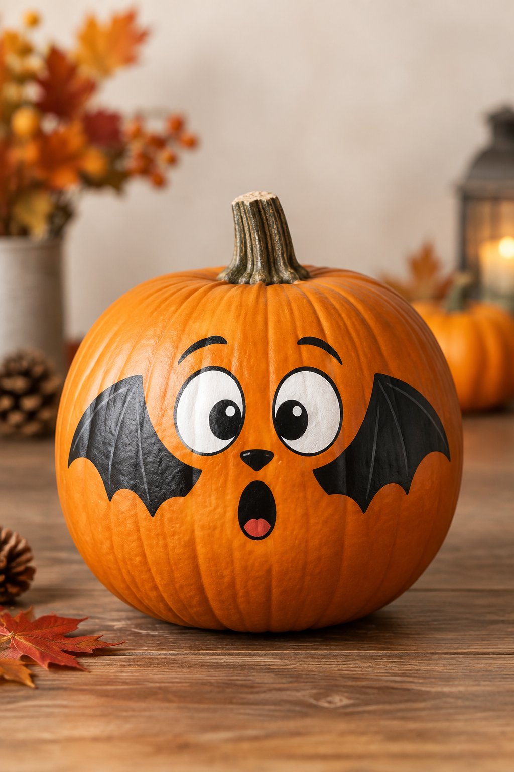 Surprised Bat Face - bat painted pumpkin