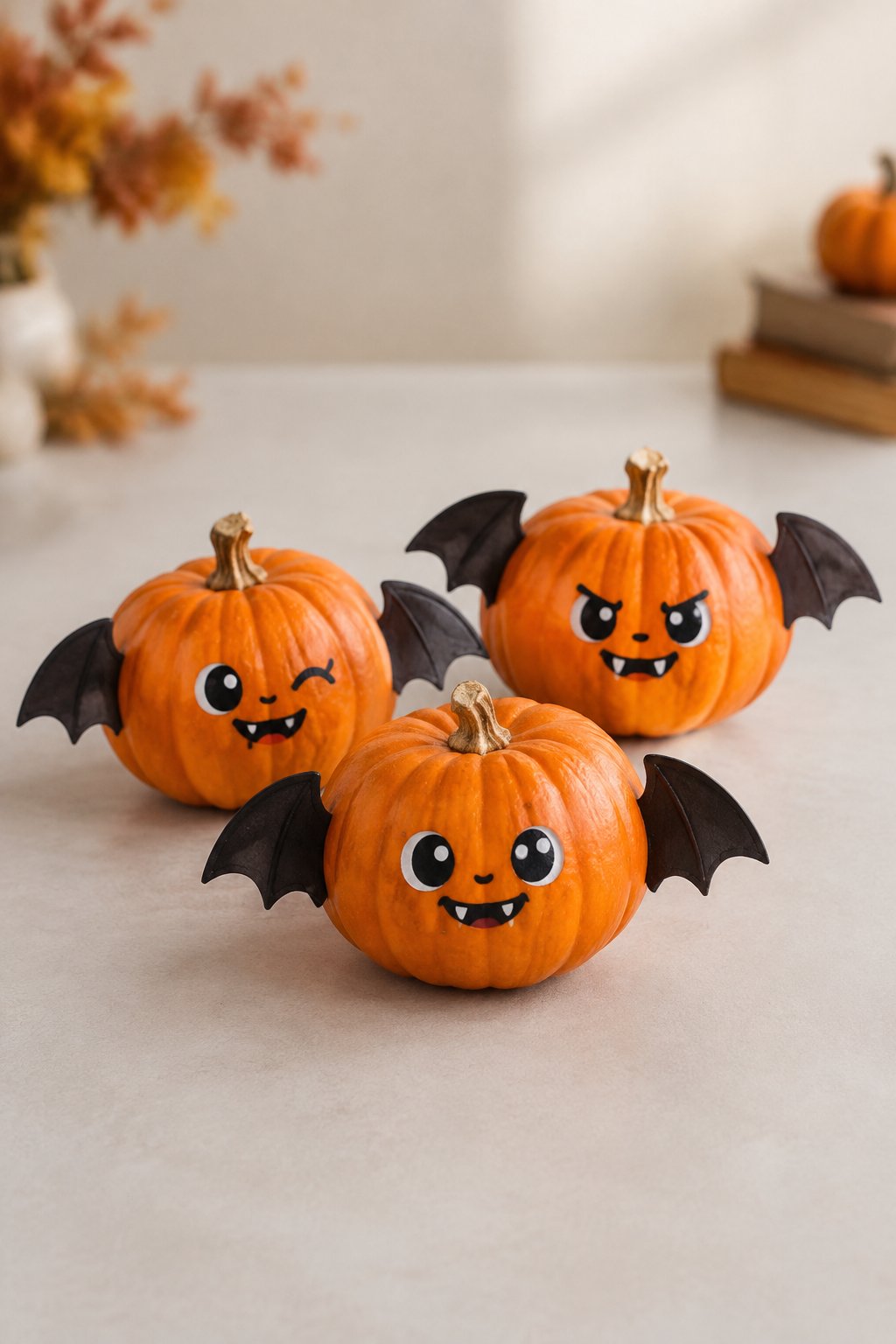 Mini Bat Faces Trio - bat painted pumpkin