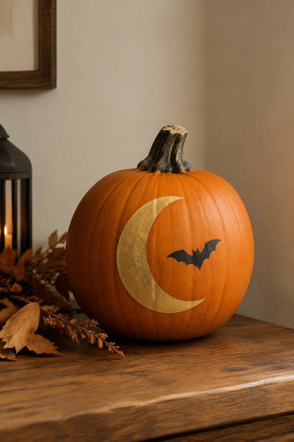 Bat and Moon Corner Scene - bat painted pumpkin