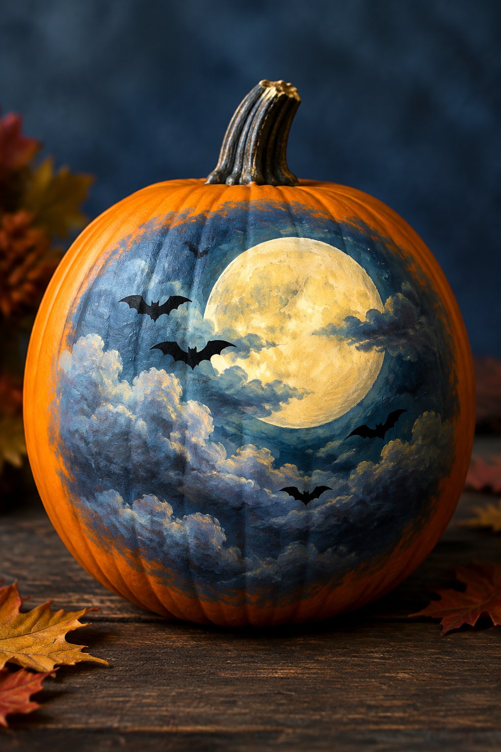 Cloudy Moon Bat Scene - bat painted pumpkin