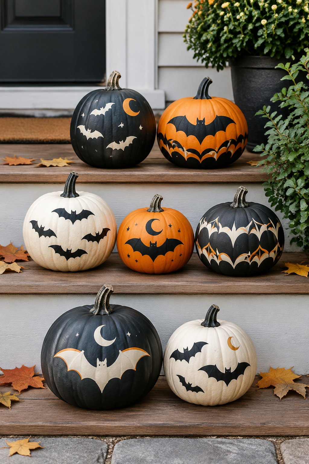 Porch Step Bat Row - bat painted pumpkin