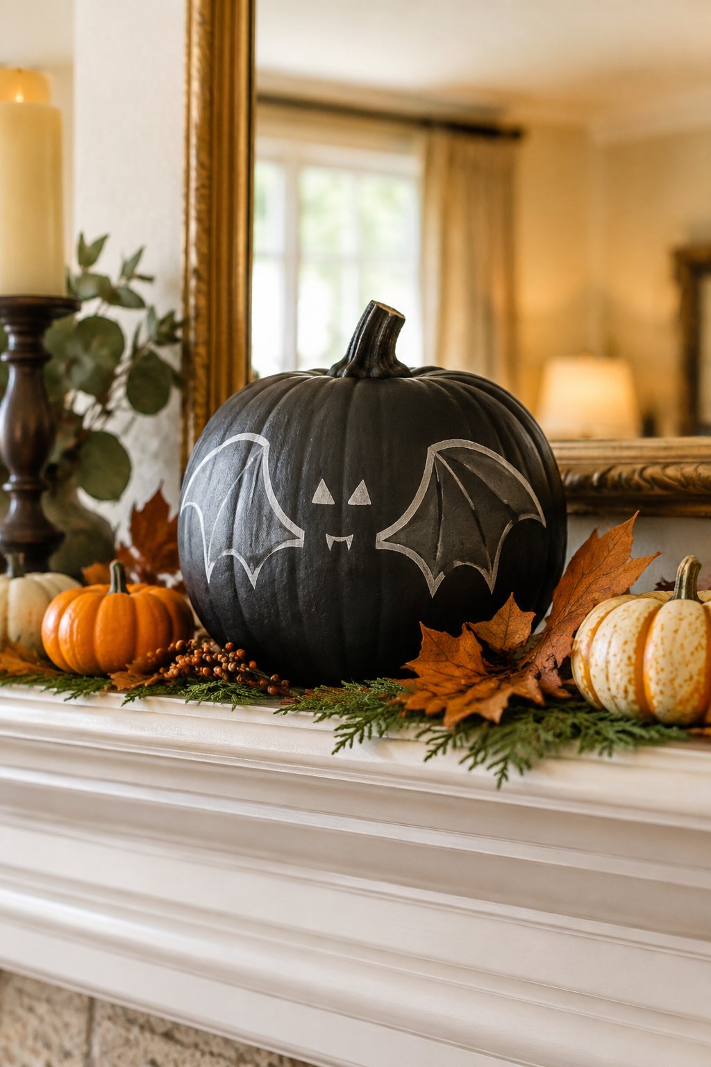 Mantel Bat Centerpiece - bat painted pumpkin