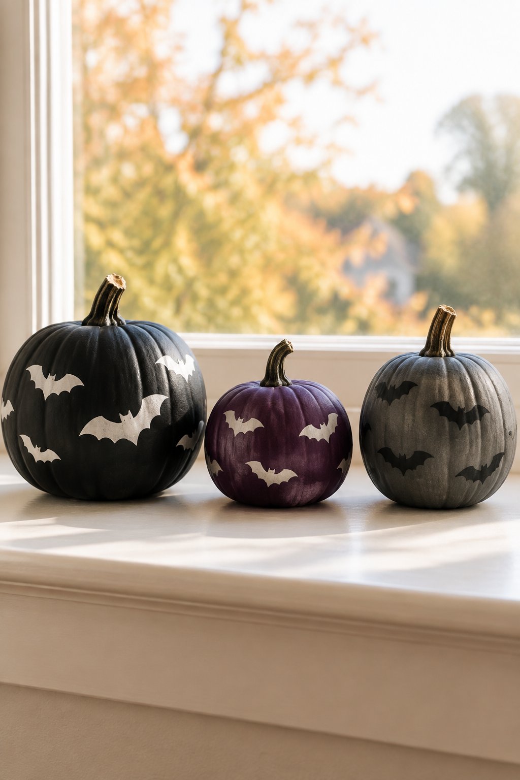 Windowsill Bat Trio - bat painted pumpkin