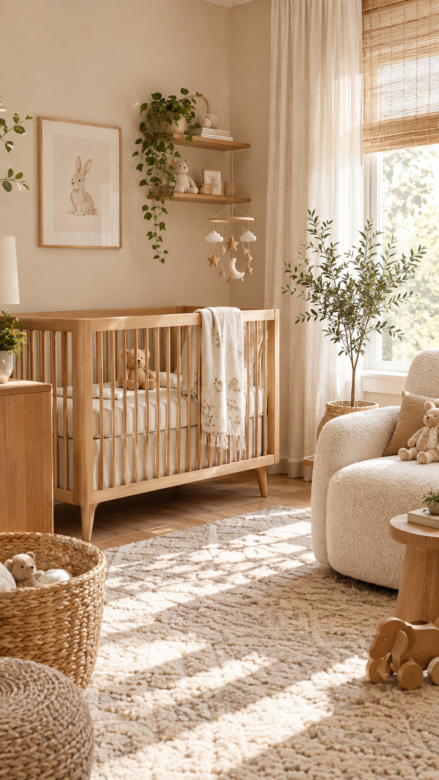 A beige nursery featuring soft patterned wallpaper, natural wood furniture, and cream-colored accents.