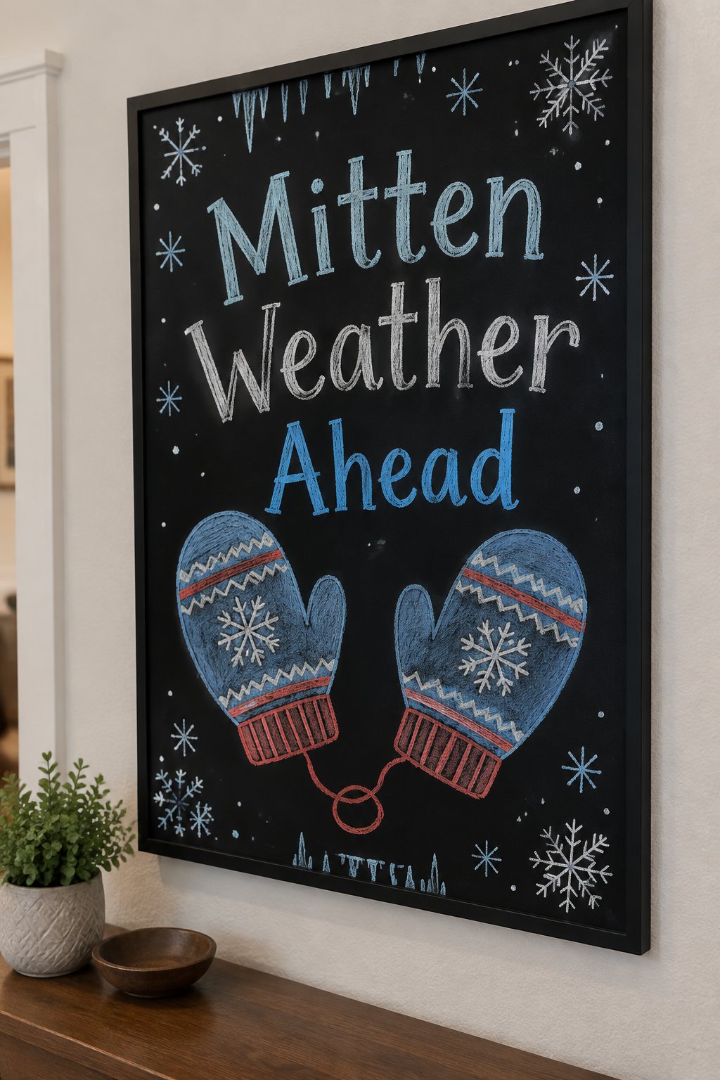Big Mitten Pair Drawing Board: a framed winter chalkboard sign reading "Mitten Weather Ahead", hand-drawn in chalk with one oversized pair of mittens drawn large side by side, connected by a string, b