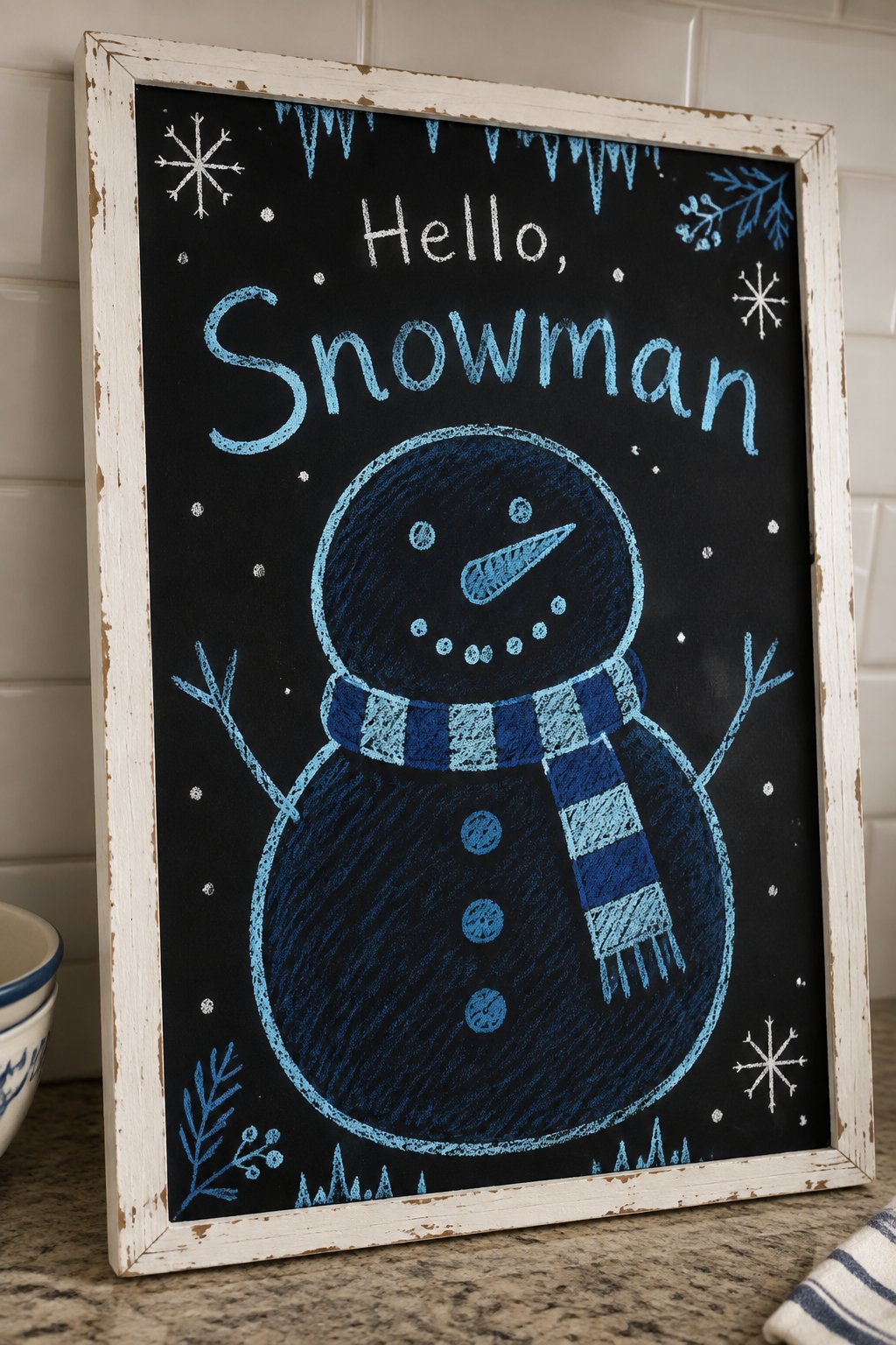 Big Snowman Drawing Board: a framed winter chalkboard sign reading "Hello, Snowman", hand-drawn in chalk with one giant snowman filling most of the board, bigger than the words, wearing a simple strip