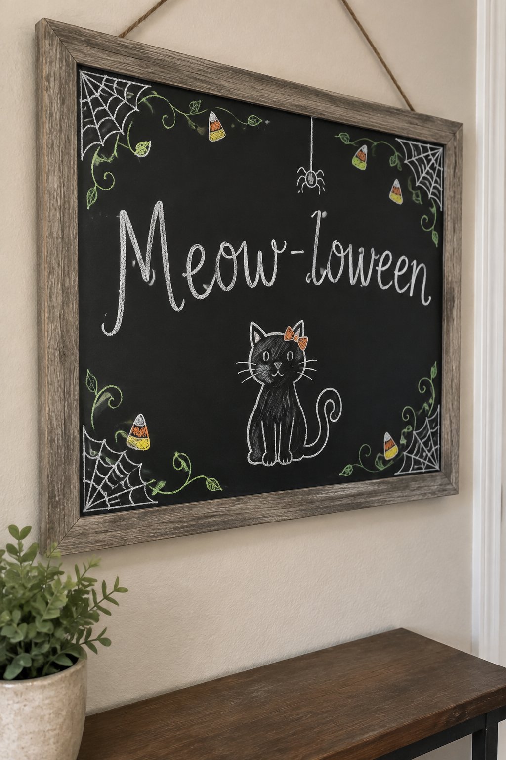 Black Cat Silhouette: a framed Halloween chalkboard sign reading "Meow-loween", hand-drawn in chalk with one simple black cat sitting with its tail curled, a small bow on its ear.