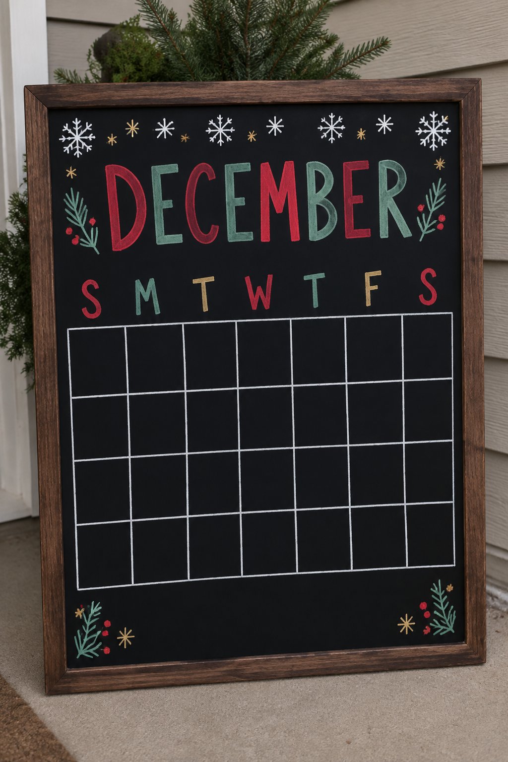 Blank Fill-In Grid: a framed chalkboard sign showing "DECEMBER", hand-drawn in white, deep red, sage green and gold chalk, with a border of small snowflakes along the top.