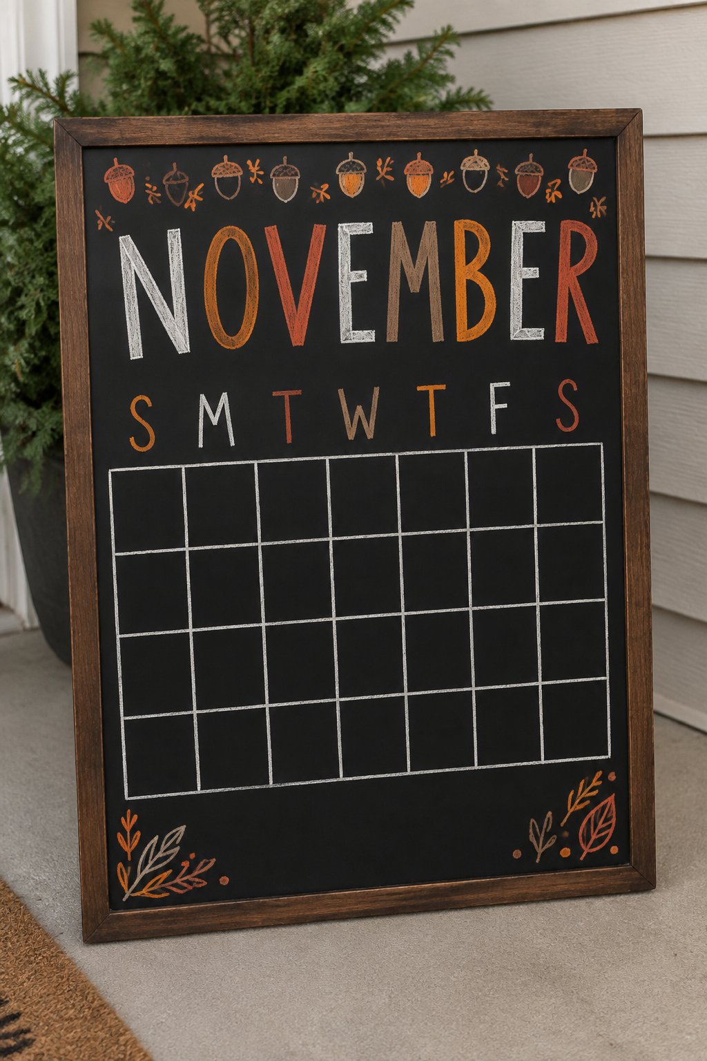 Blank Fill-In Grid: a framed chalkboard sign showing "NOVEMBER", hand-drawn in fall chalk colors, with a border of small acorns along the top.