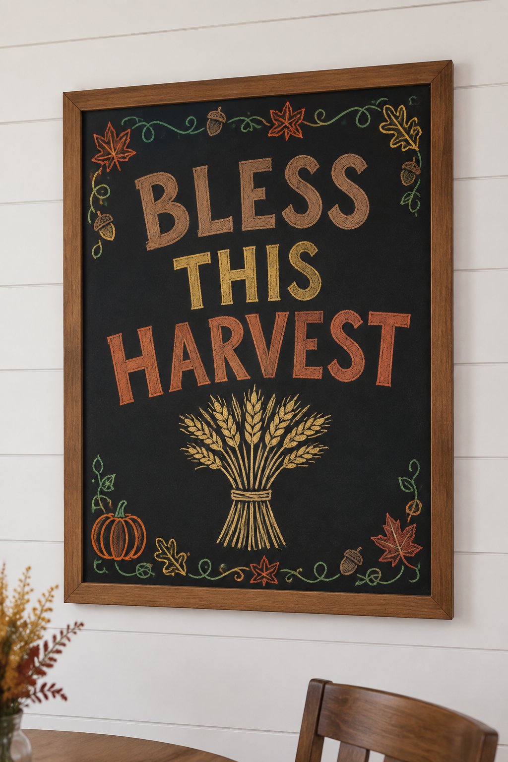 Bless This Harvest Board: a framed fall chalkboard sign reading "Bless This Harvest", hand-drawn in chalk with a tied sheaf of wheat.