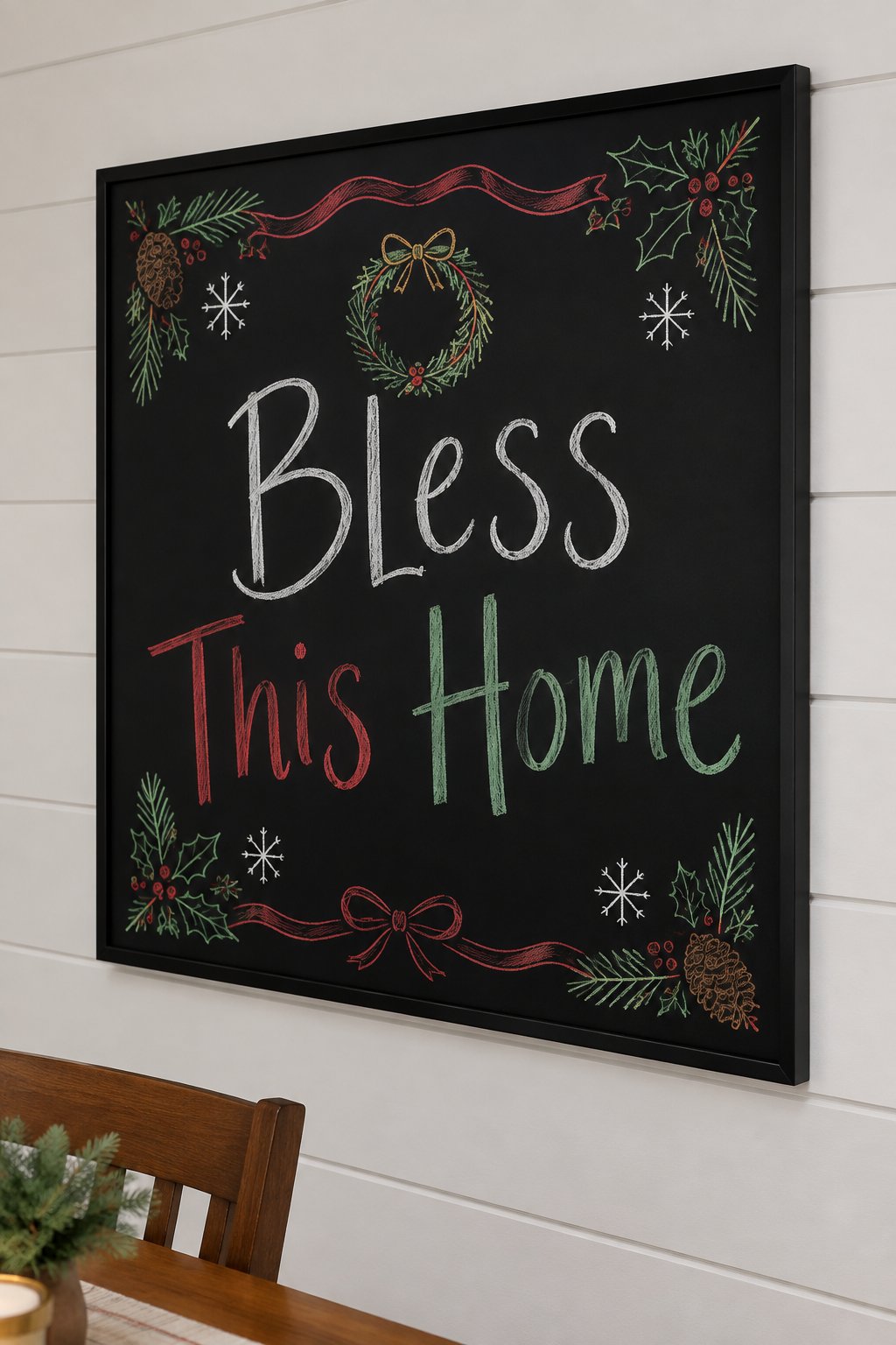 Bless This Home: a framed chalkboard sign showing "Bless This Home", hand-drawn in white, deep red, sage green and gold chalk, with a small wreath doodle hanging above the words.