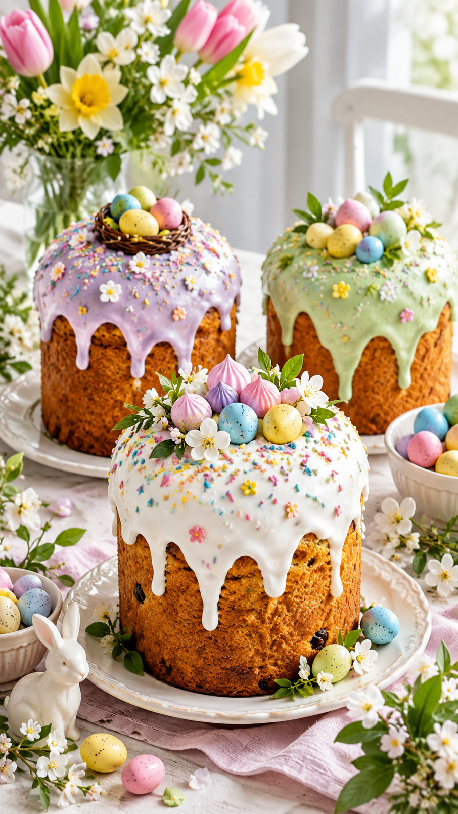 Blueberry nest Easter egg cake with violet frosting, chocolate twig details, and speckled candy eggs arranged on top.