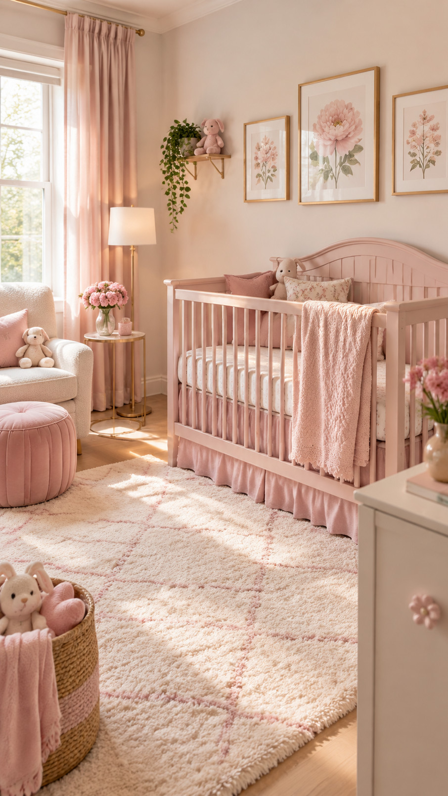 Blush pink crib with white bedding in a cozy baby girl's nursery.