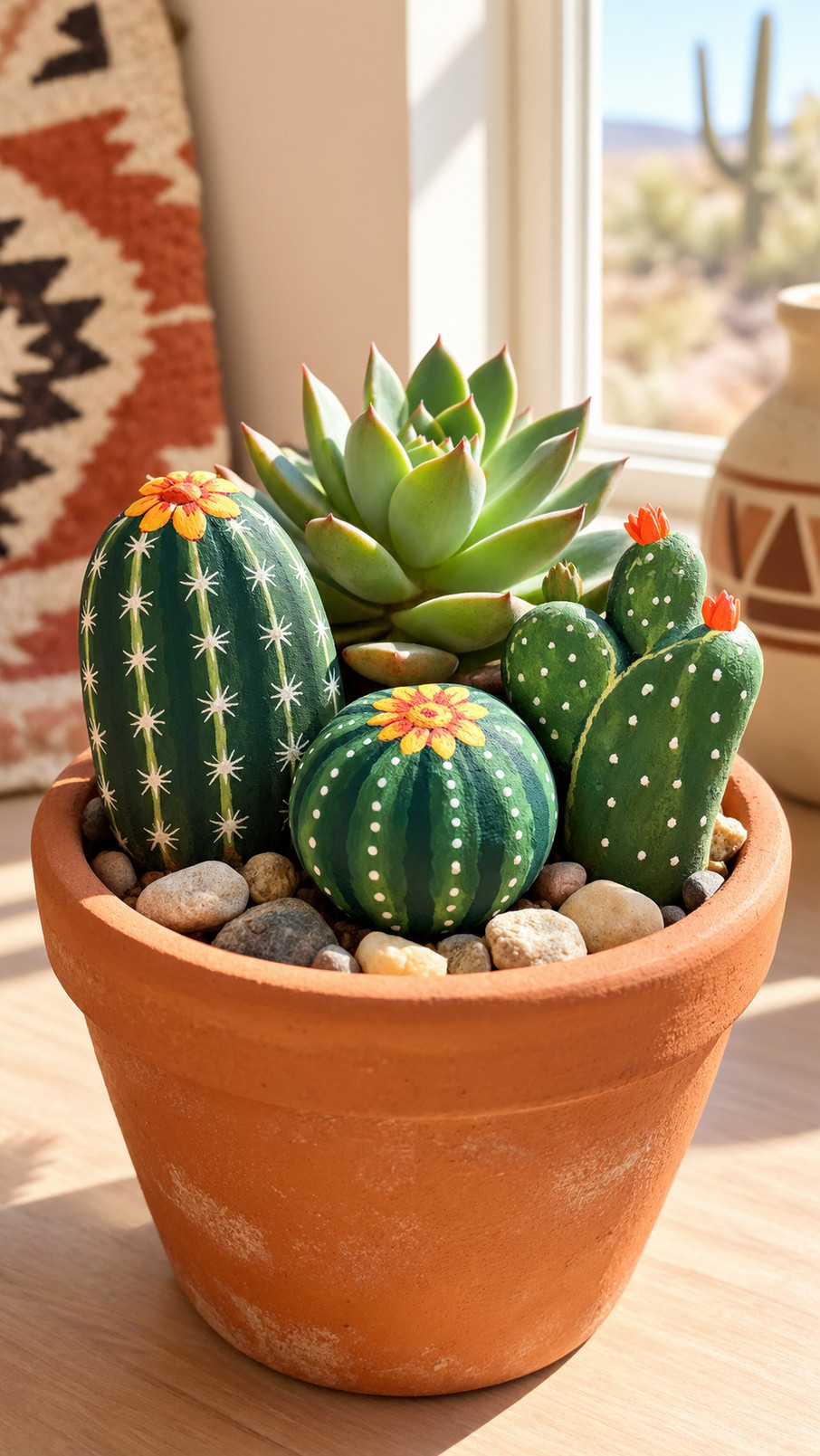 Photo of a boho cactus painted rock with a terracotta cactus, cream and mustard geometric accents, and a southwestern design.