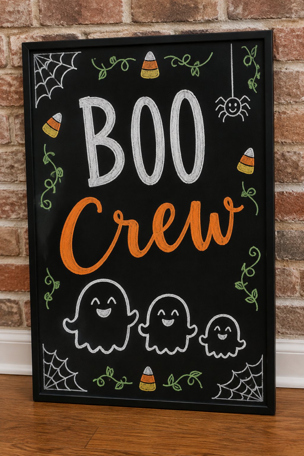 Boo Crew: a framed Halloween chalkboard sign reading "Boo Crew", hand-drawn in chalk with three round ghosts of different sizes lined up smiling.