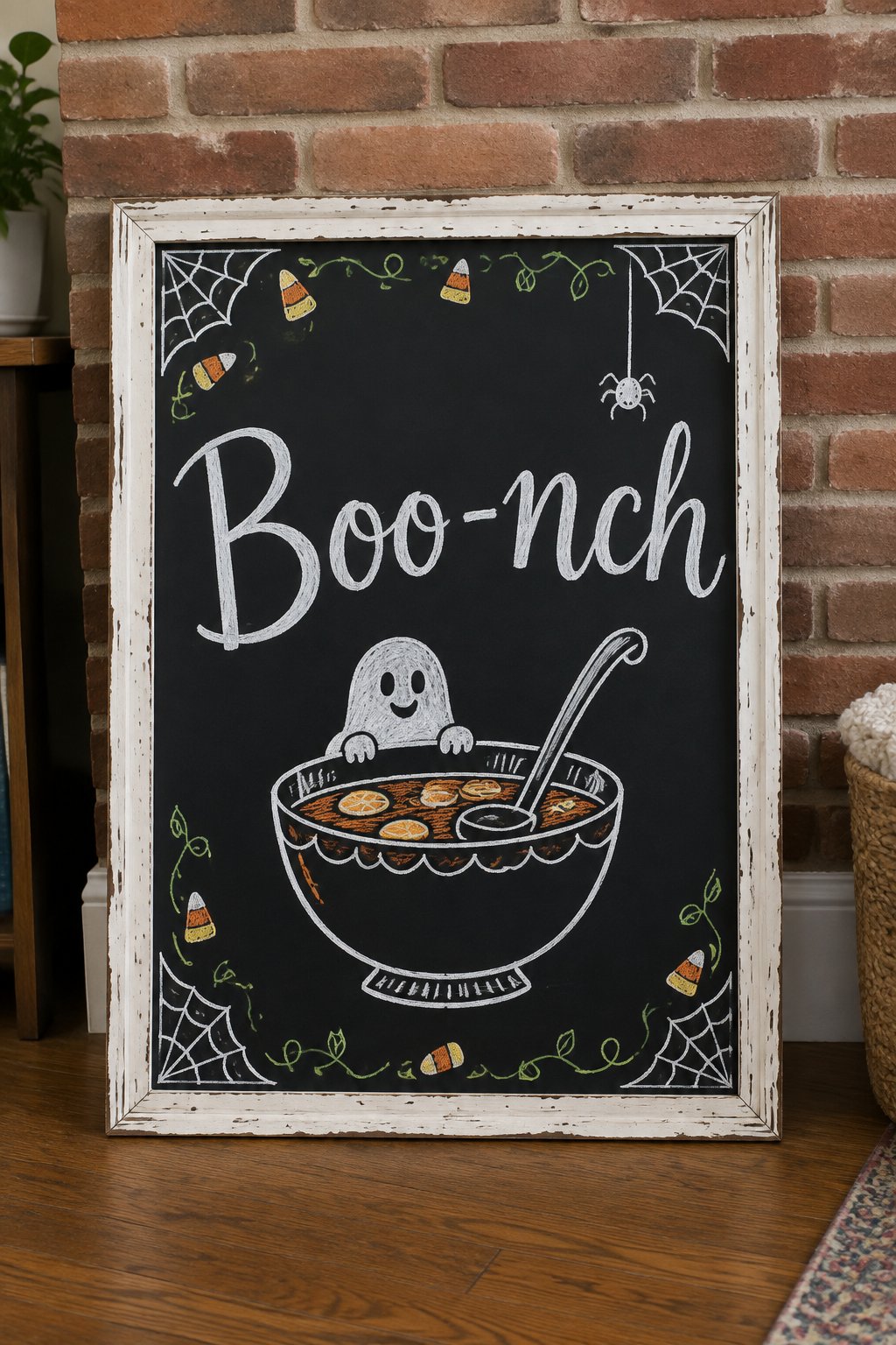 Boo-nch Punch Bar: a framed Halloween chalkboard sign reading "Boo-nch", hand-drawn in chalk with a punch bowl with a ladle and a small smiling ghost peeking over the rim.