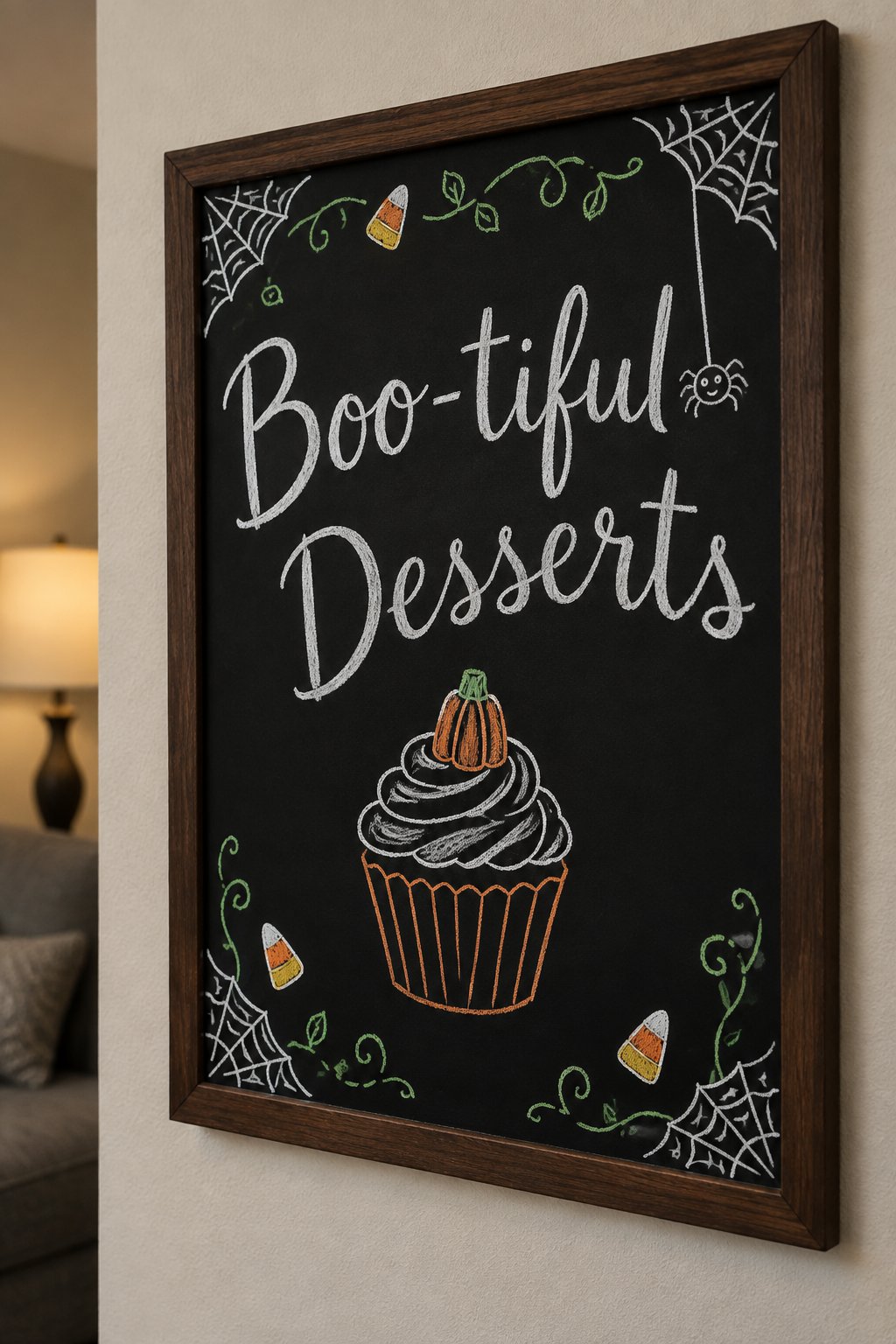 Boo-tiful Desserts: a framed Halloween chalkboard sign reading "Boo-tiful Desserts", hand-drawn in chalk with a cupcake topped with a swirl of frosting and a candy pumpkin.