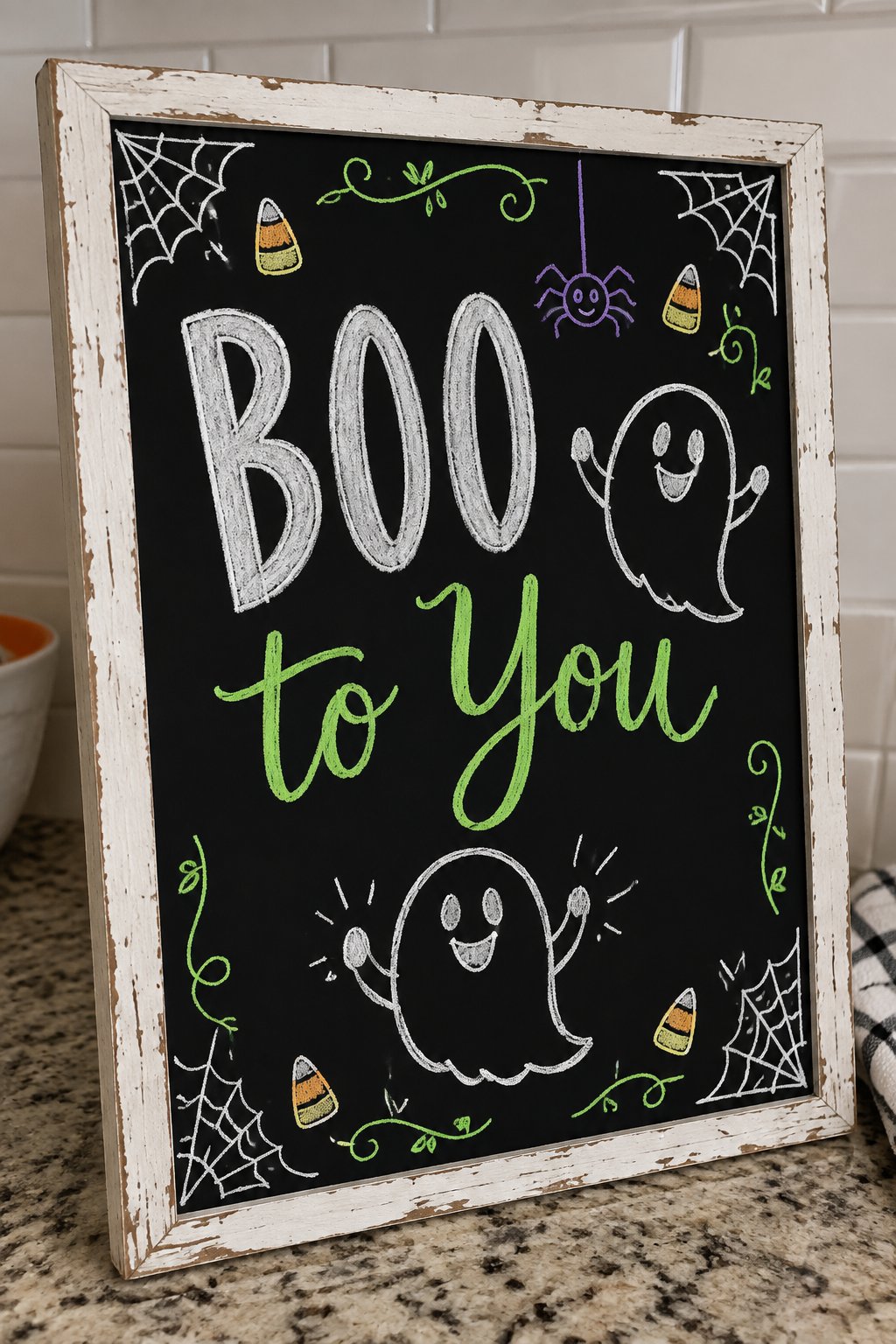 Boo to You: a framed Halloween chalkboard sign reading "Boo to You", hand-drawn in chalk with a round friendly ghost with a big smile and two little arms waving.