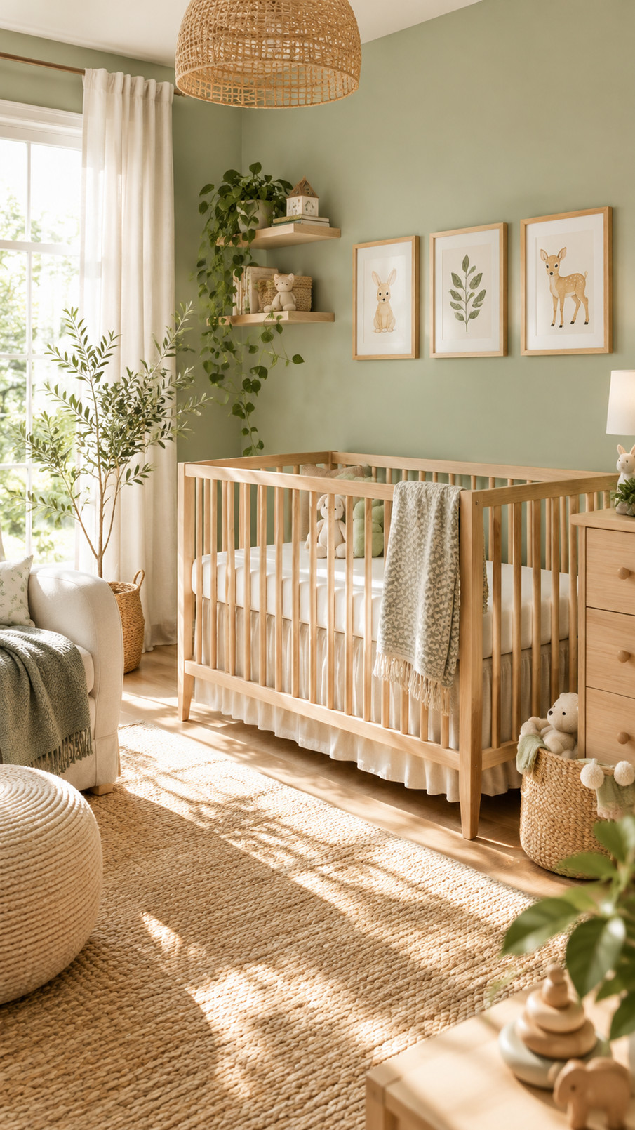 Sage green botanical crib mobile with leafy shapes hanging above a nursery crib.