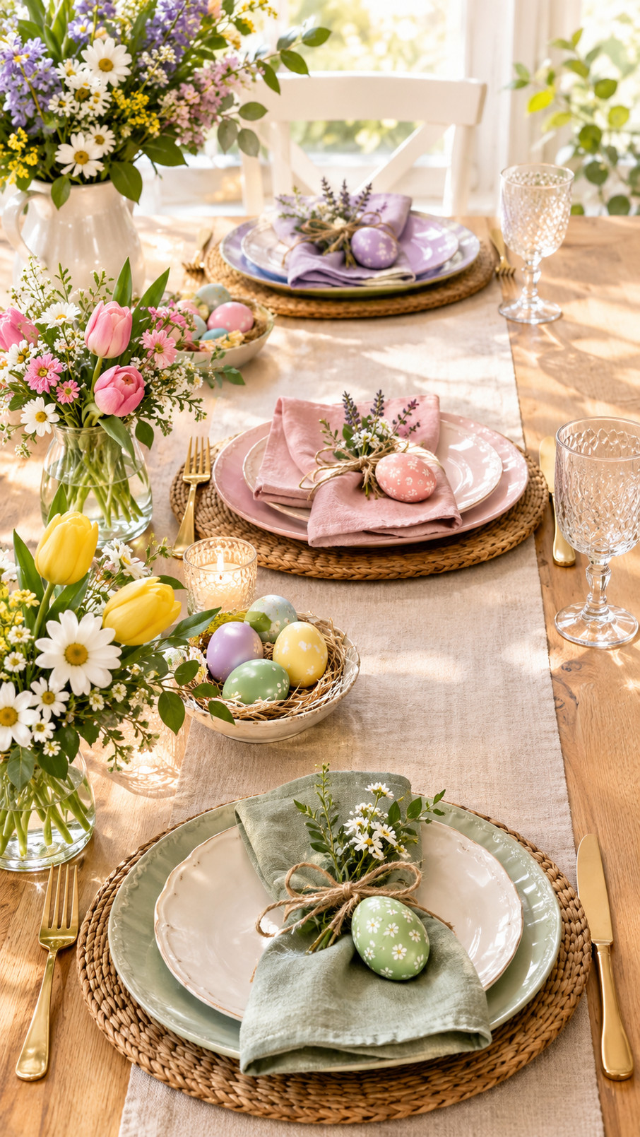 Botanical egg cups holding pastel Easter eggs beside floral Easter table settings.