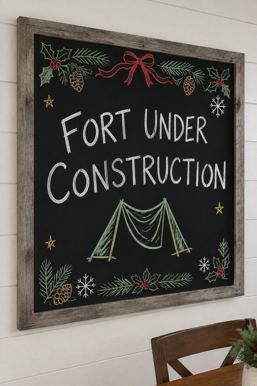 Build a Blanket Fort: a framed December chalkboard sign reading "Fort Under Construction", hand-drawn in chalk with a simple triangle tent shape made from a draped blanket.