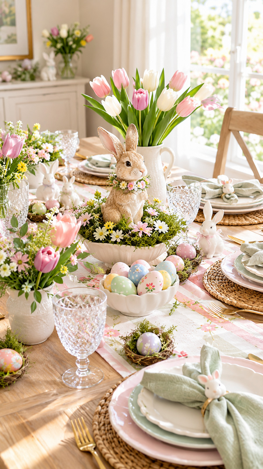 A bunny floral centerpiece with pink tulips, white daisies, green leaves, and pastel Easter eggs displayed on a decorated table.
