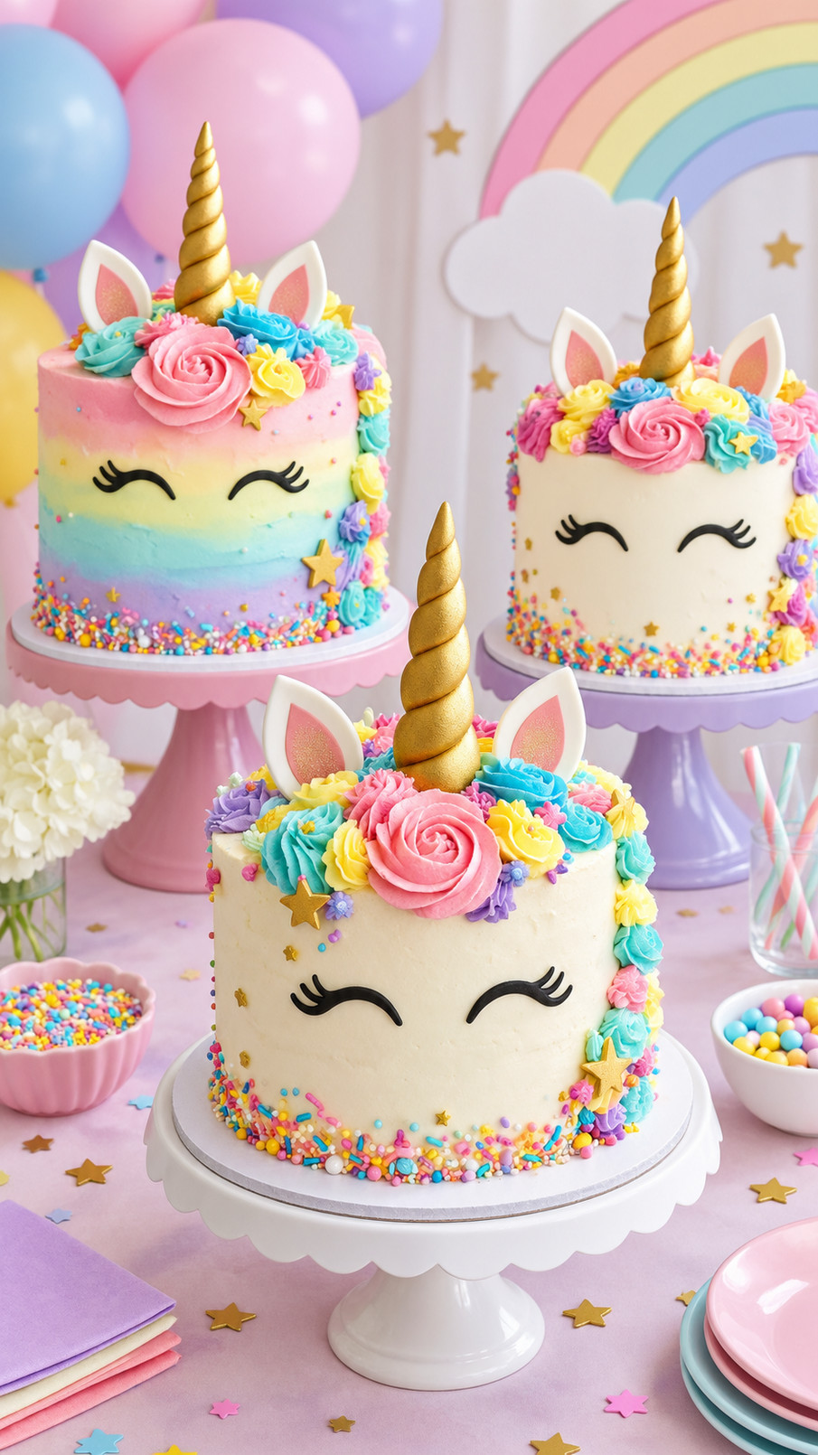 Photo of a unicorn cake decorated with pastel buttercream rosettes, a pearly horn, sparkling sugar details, and rosy cheeks.