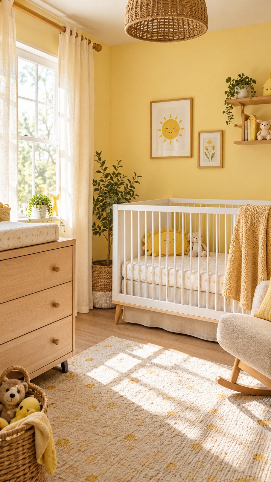 Buttercup yellow ceiling mural with soft white cloud shapes in a bright and cheerful baby nursery.