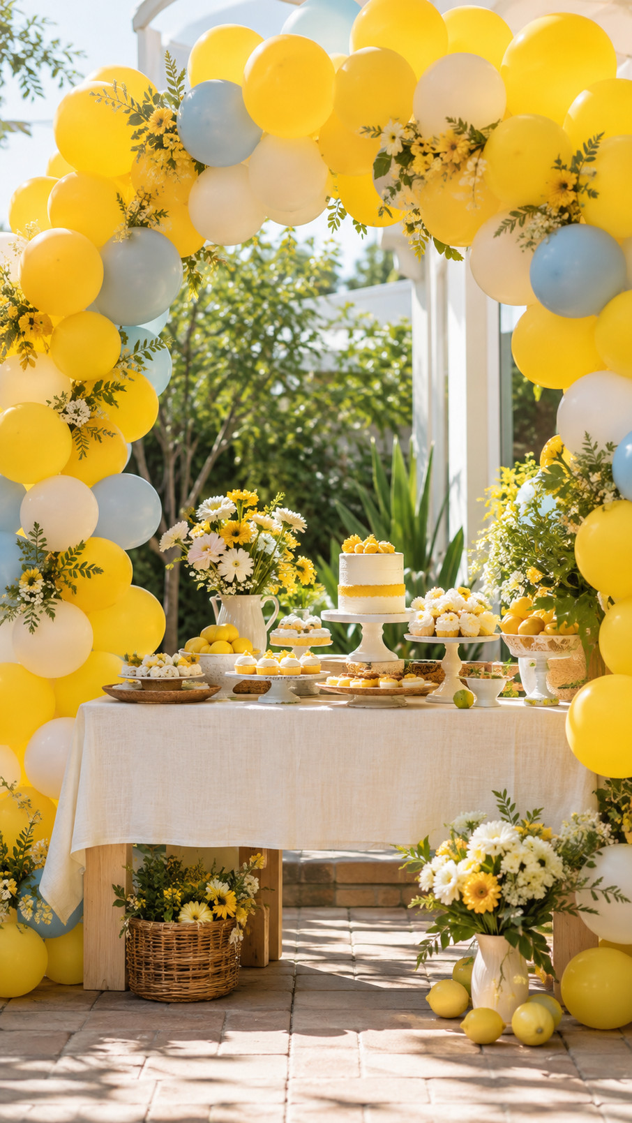 A buttercup yellow ombre balloon arch with ivory and pale gold balloons decorates a bright summer celebration.