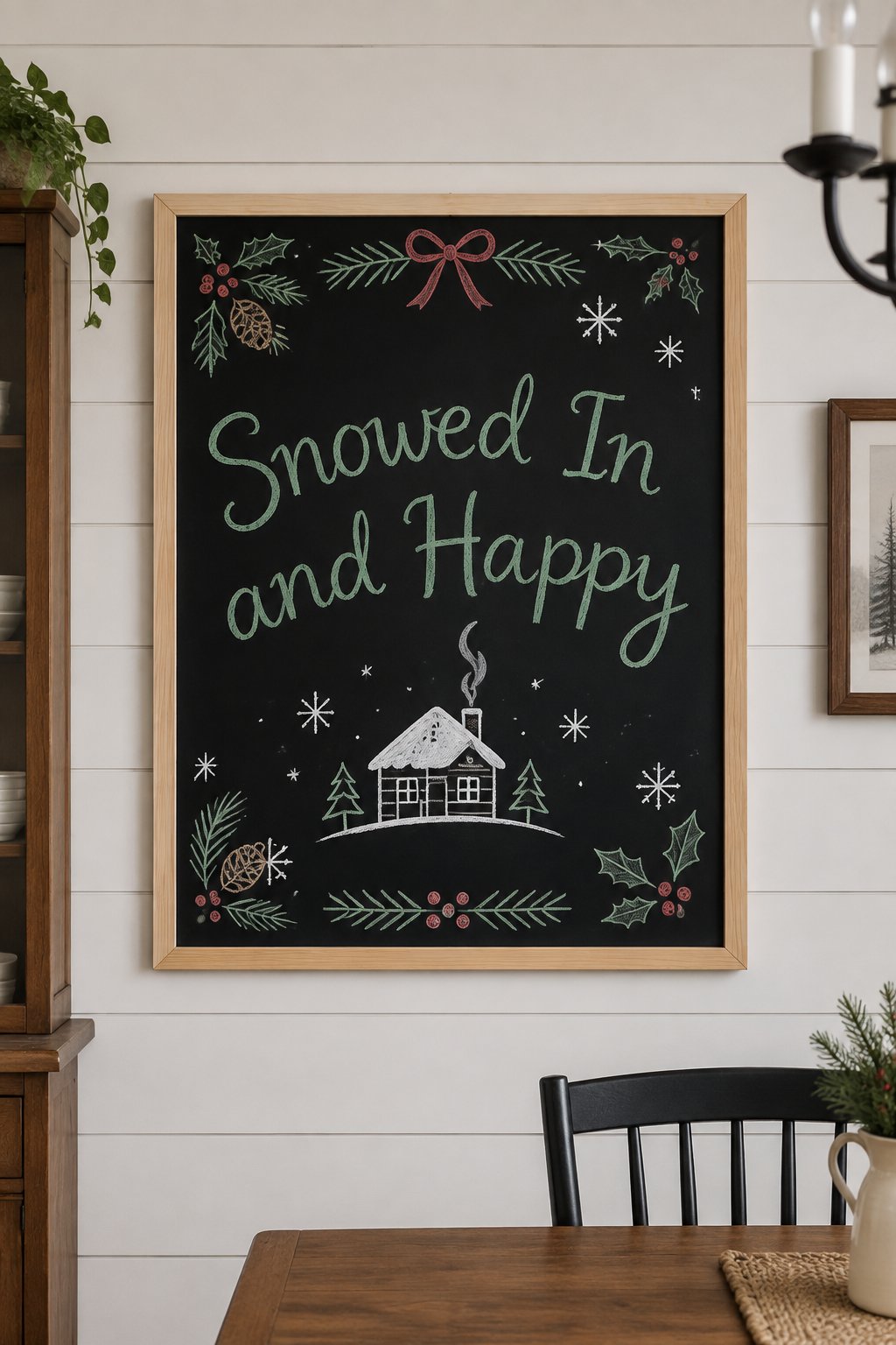 Cabin in the Snow: a framed December chalkboard sign reading "Snowed In and Happy", hand-drawn in chalk with a small cabin with a puff of smoke curling from the chimney.