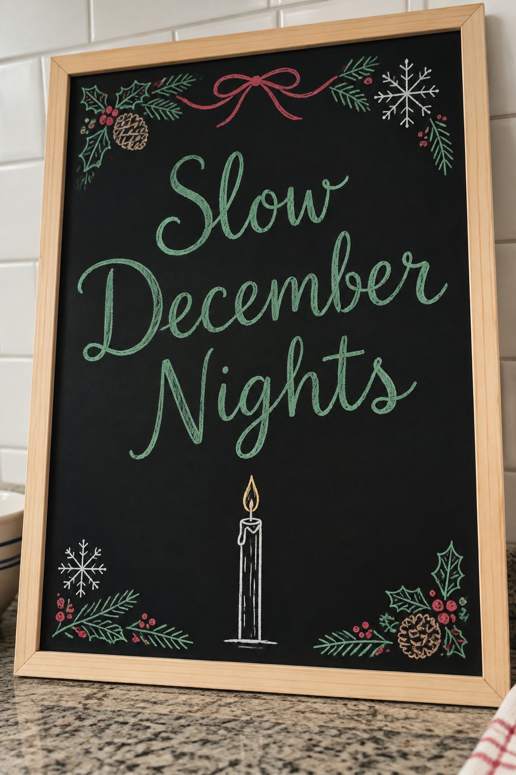 Candlelight and Quiet: a framed December chalkboard sign reading "Slow December Nights", hand-drawn in chalk with one tall candle with a soft flame, nothing else beside it.